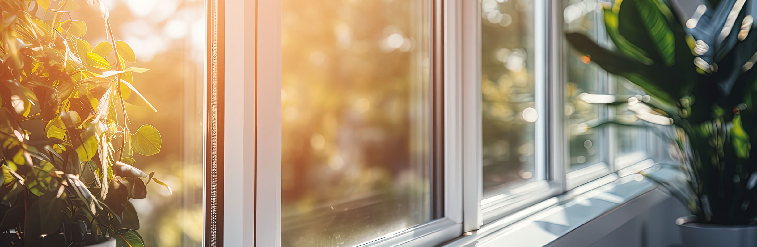 Es zeigt ein Fensterfront von innen nach außen bei Sonnenuntergang