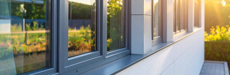 Slider-Alufenster-Gewerbebau2-800 Graue Aluminiumfenster - Blick von außen bei Sonnenlicht