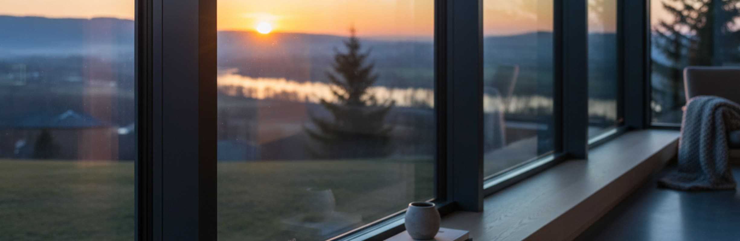 Graue Aluminiumfenster – Blick von innen nach außen bei Sonnenaufgang Graue Aluminiumfenster - Blick von innen nach außen bei Sonnenaufgang
