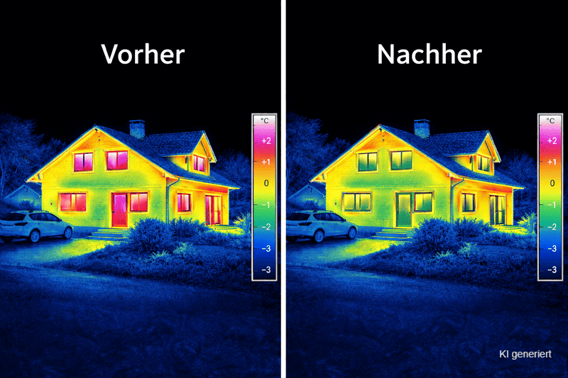 Wärmeschutz - Vorher/Nachher bild mit einer Wärmekamera aufgenommen - KI generiert